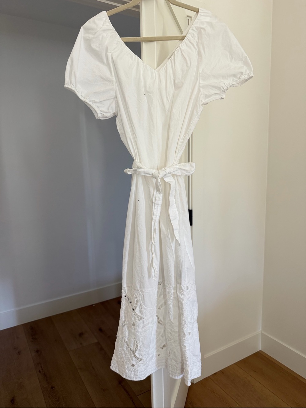 BCBGMaxAzria White Eyelet Tie-Waist Midi Dress